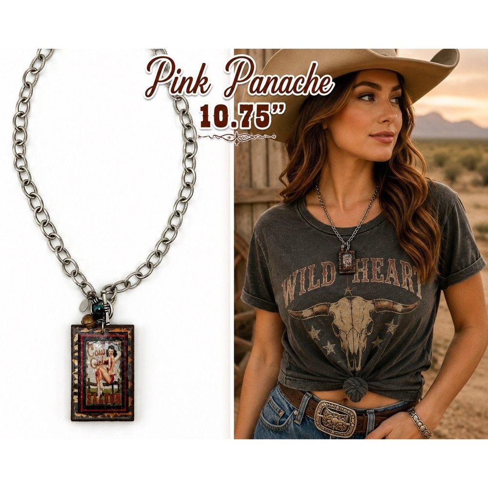 Pink Panache Cow Girl Saloon Charm Necklace Silver Toggle Western 10.75"
